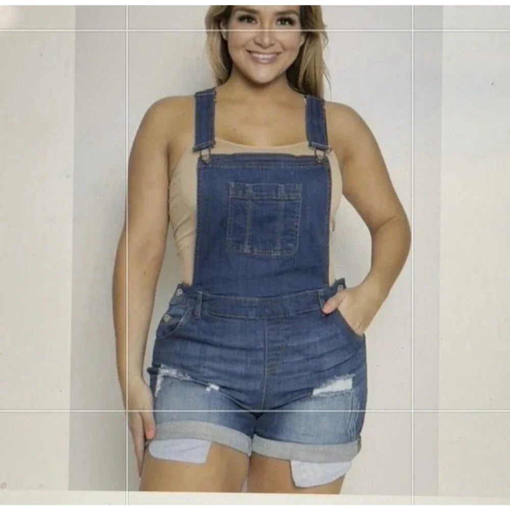 Wax Jeans Shortalls Dark‎ Blue Overalls Shorts Distressed Stretch Size 2X/3X